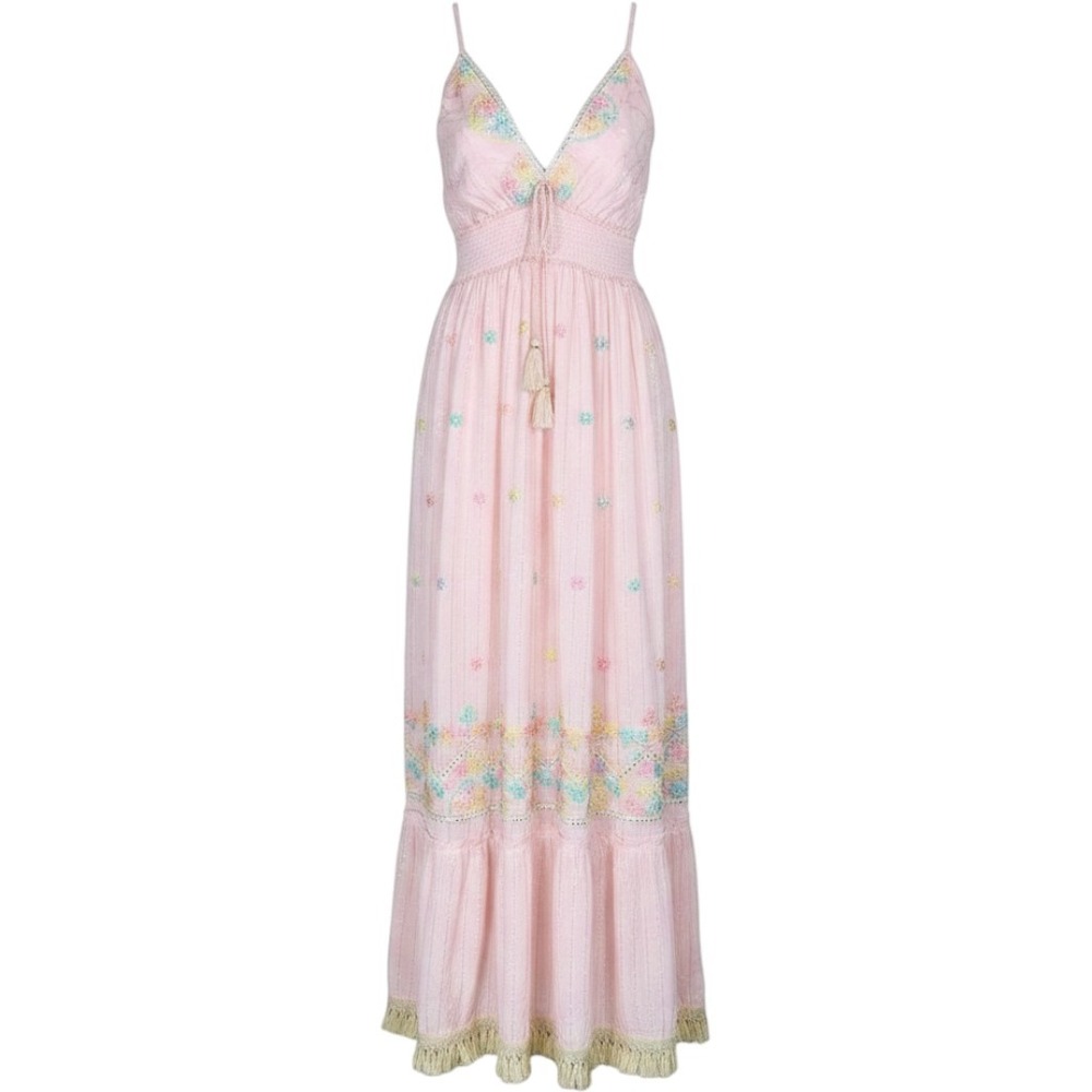 Ananta Pink Pastel Embroidery Rainbow Maxi Backless Gold Resort Boho Tassel L/XL
